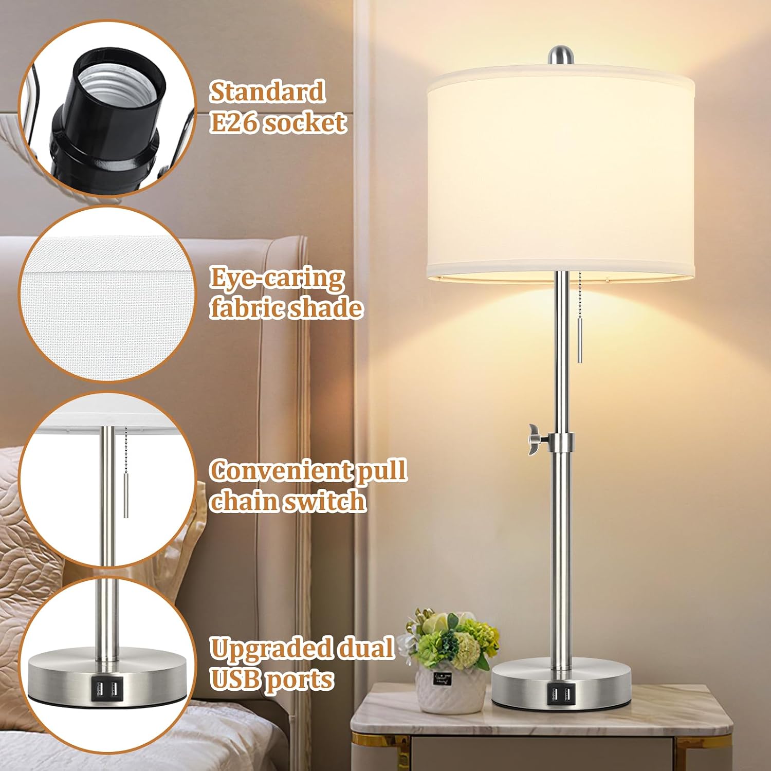 Kondras Table Lamp Set of 2 for Bedroom, Bedside Lamp with 2 USB Ports, 23" to 30" Height Adjustable Tall Table Lamp for Living Room End…