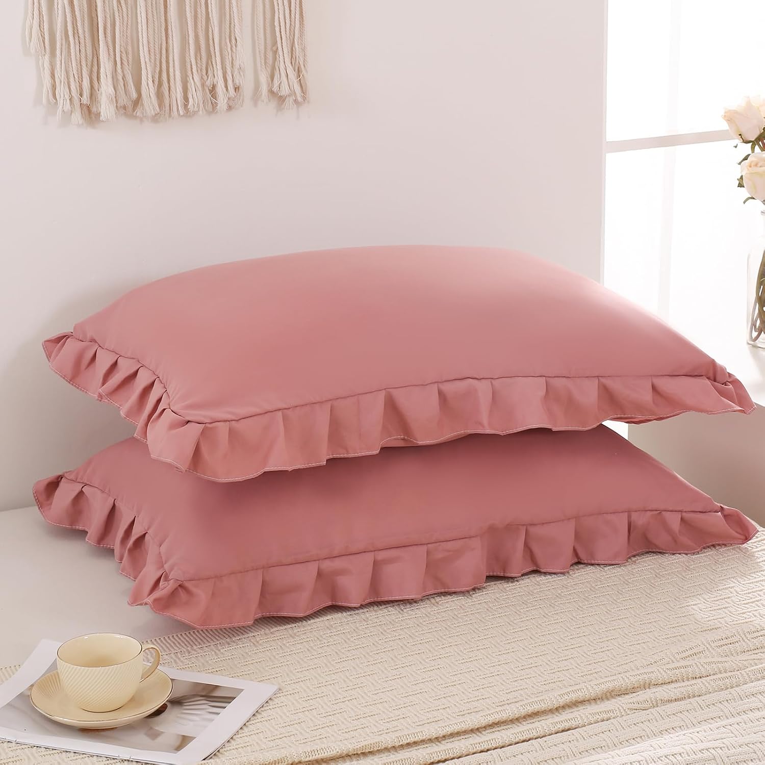 Merryword Pink Mocha Pillowcases King Pillowcases Ruffled Pillow Shams Set of 2 Cute Pillowcases Solid Ruffled Fringe Design Pink Shabby Ch…