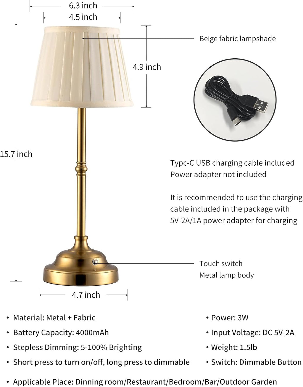KDG Cordless LED Table Lamp Set of 2, Portables Fabric Shade Desk Lamps, 4000mAh Rechargeable Battery Powered Lighting, Dimmable Light…