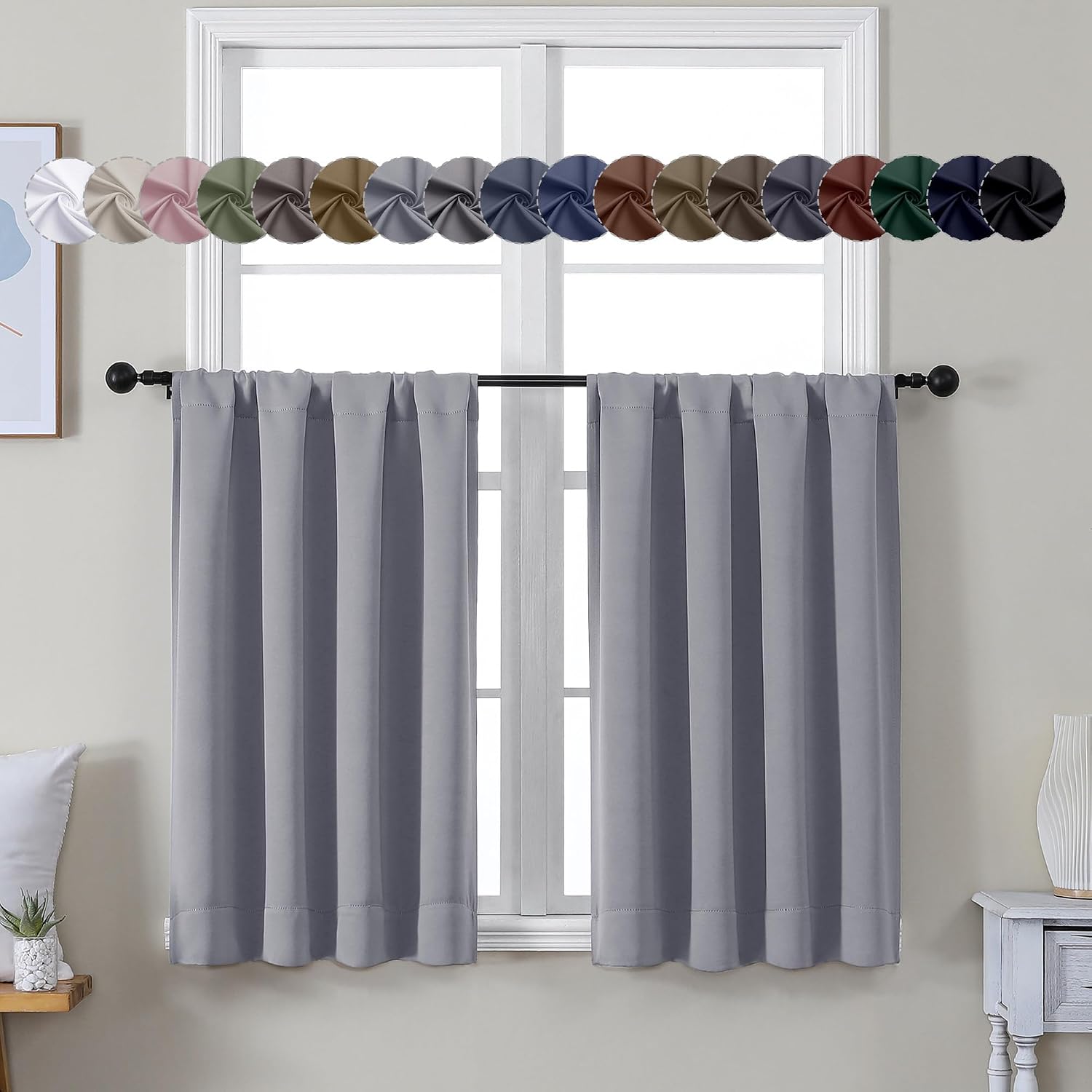 Simplebrand Ava Silver Grey Short 36 Inches Blackout Curtain 2 Panels Set, Half Window Rod Pocket Privacy Curtain Tiers for Kitchen, Curtai…