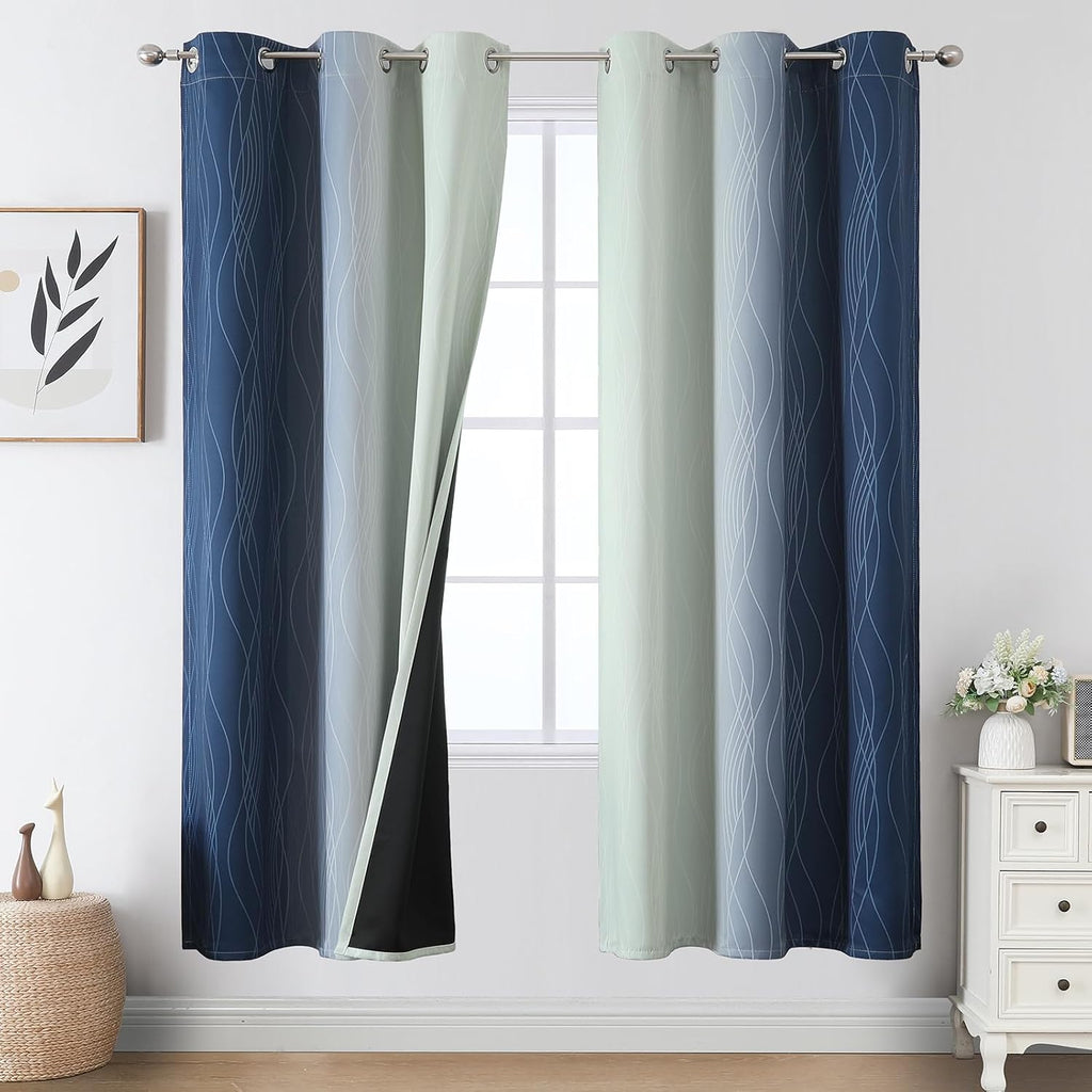 Estelartextiler Estelar Textiler Navy Blue and Sage Green Ombre Blackout Curtains 72 Inches Long 2 Panels, Full Room Darkening Grommet Curt…