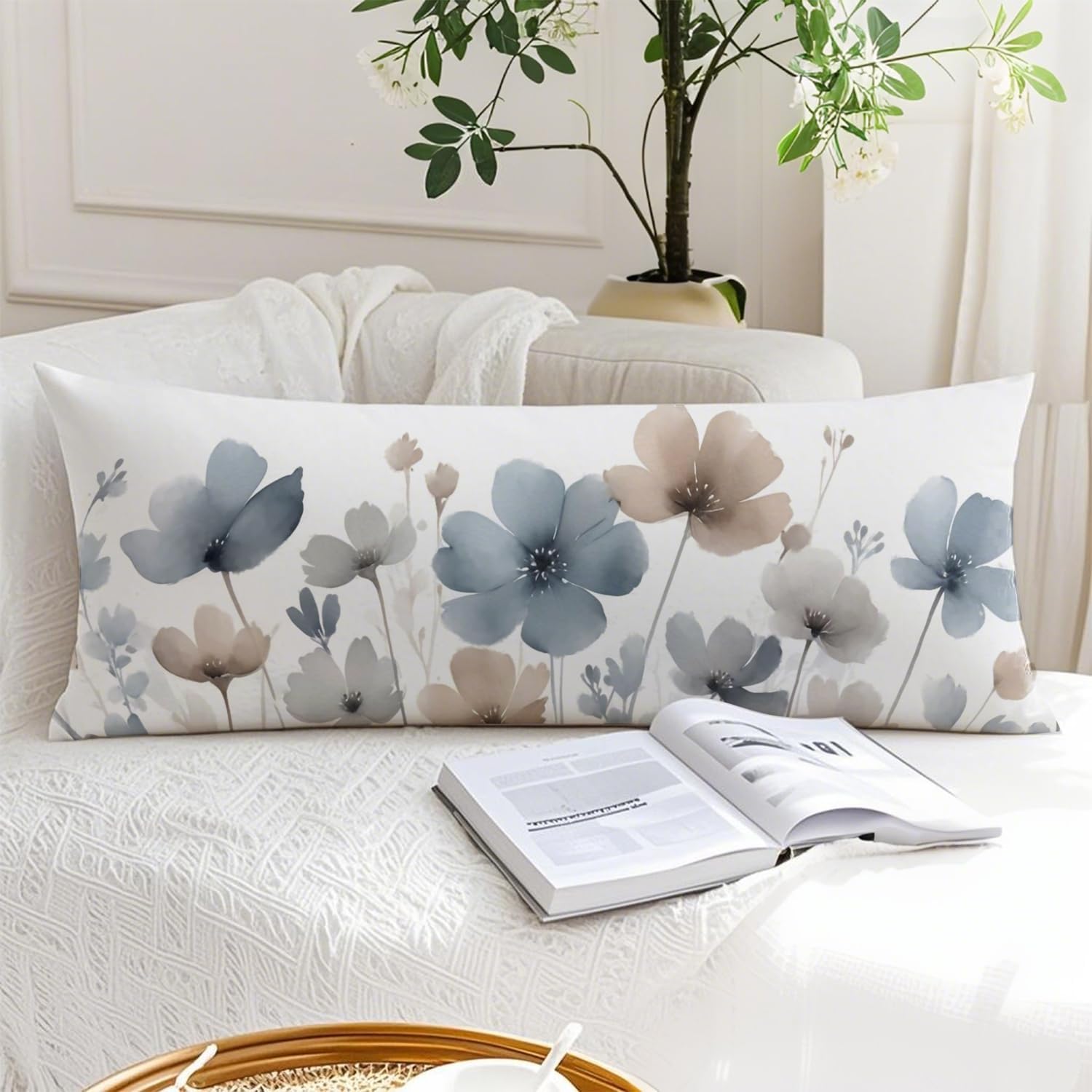 Vintage Watercolor Floral 20x54 Body Pillow Cover, Floral Room Decor, Abstract Blue Gray and White Flowers Botanical Decorative Long Body…