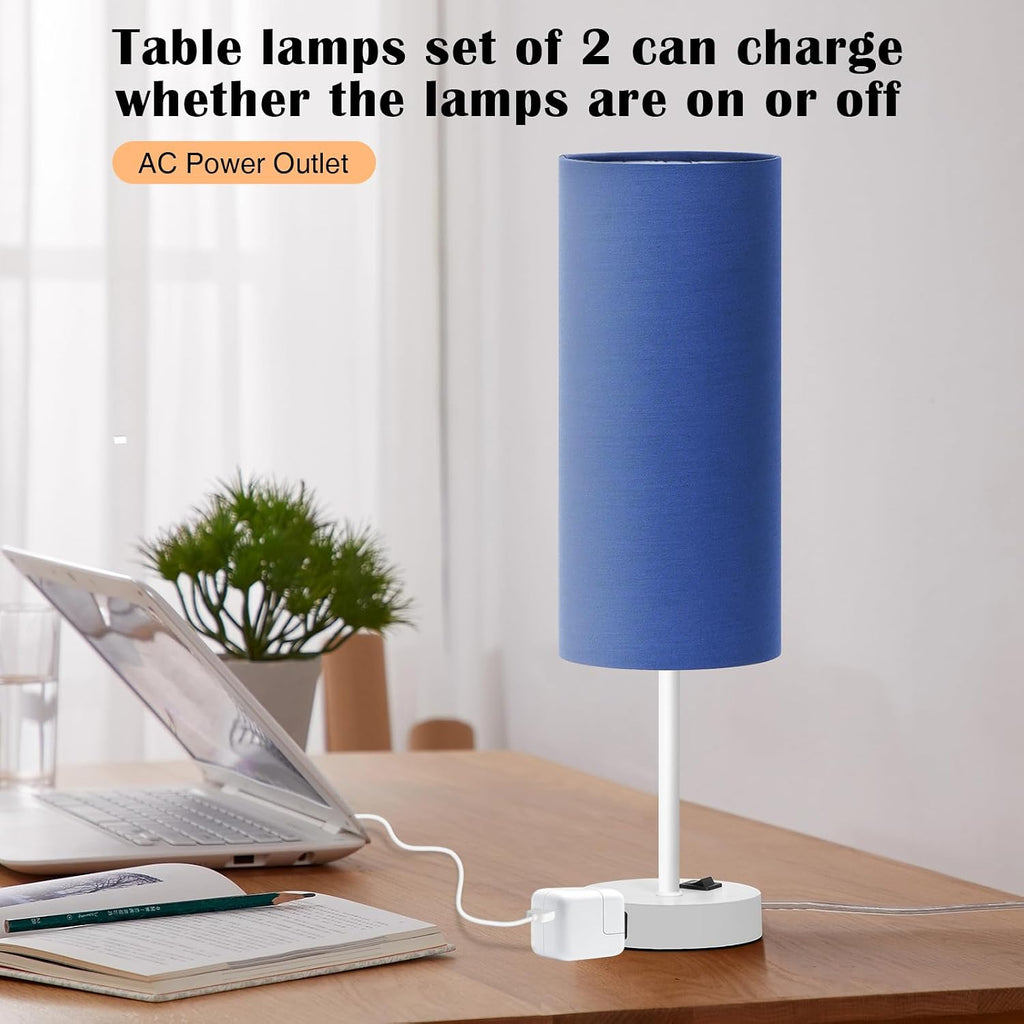 ZJOJO Table Lamp for Bedroom 2 Pack,18in Bedside Lamps with 3 Way Dimmable Rocker Switch & AC Outlet, Nightstand Desk Lamp with Blue…
