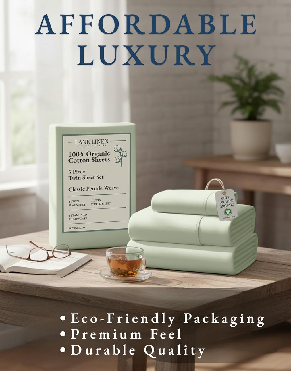 LaneLinen LANE LINEN 100% Organic Cotton Twin Sheets, Soft & Comfy Percale Weave Mercerized Fully Elasticized Reinforsed Seam Naturally Tem…