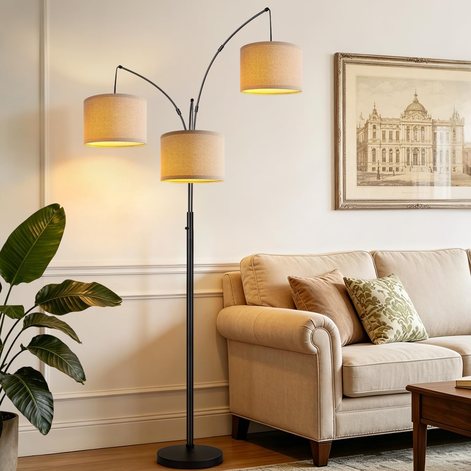 Dimmable 3 Lights Floor Lamp - 3000LM Super Bright Arc Floor Lamps for Living Room, Modern Tall Standing Lamp With Beige Shades, Mid…