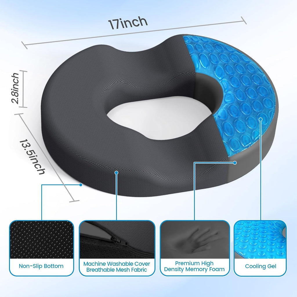 CushZone Donut Pillow Seat Cushion - Cooling Gel Donut Chair Cushions, Memory Foam Seat Cushion for Office & Home, Car Seat Cushion and But…