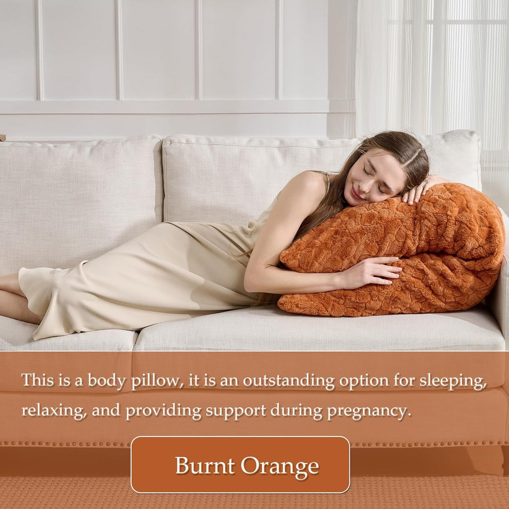 HKMR Fluffy Faux Rabbit Fur Body Pillow, Memory Foam Pregnancy Pillow for Side Sleep Body Pillow,20x54 Long Pillow for Adults-Burnt O…