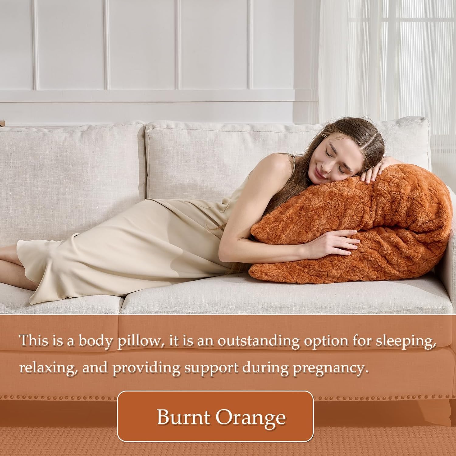 HKMR Fluffy Faux Rabbit Fur Body Pillow, Memory Foam Pregnancy Pillow for Side Sleep Body Pillow,20x54 Long Pillow for Adults-Burnt O…