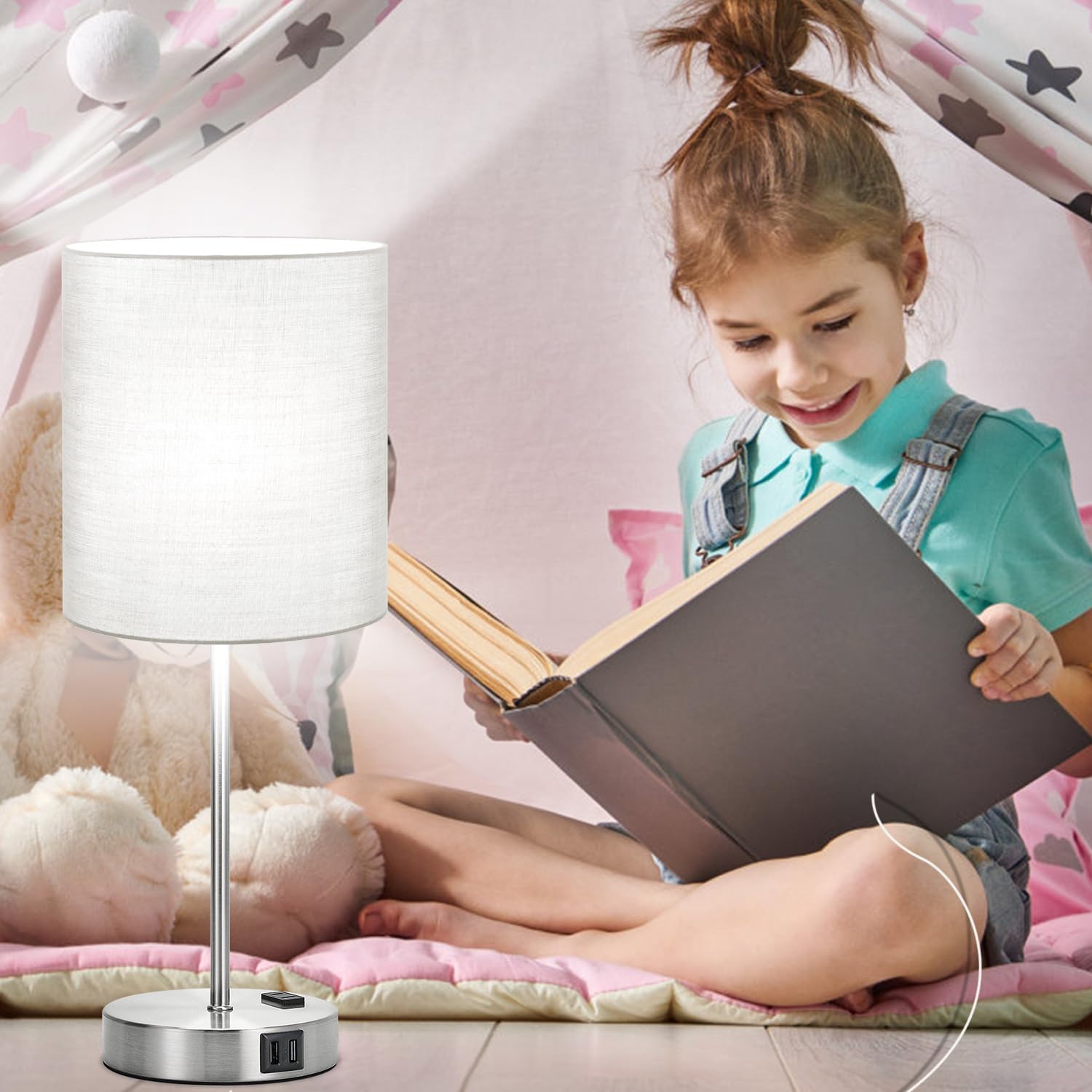 Set of 2 Grey Touch Control Table Lamps with 2 USB Ports & AC Outlet, 3-Way Dimmable Bedside Nightstand Lamps, Desk Lamp for Bedroom…