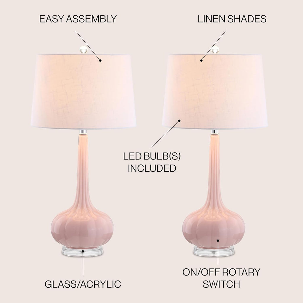 JONATHAN Y 28.5" Pink Glass Teardrop LED Table Lamp Set of 2 for Living Room Bedroom Nightstand, White Linen Shade Modern Transitional…