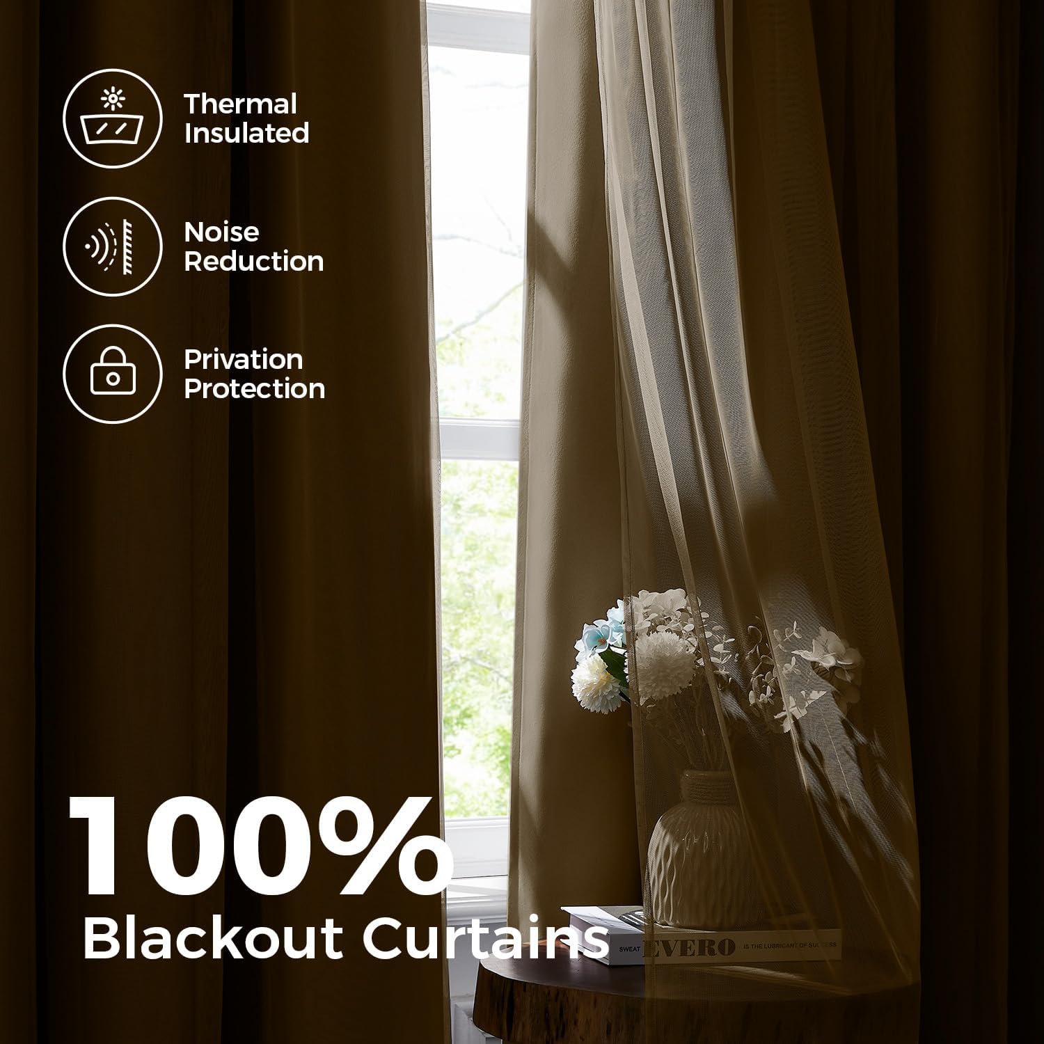 Swandream 100% Blackout Curtains for Bedroom, Double Layer Khaki Curtains, Black Out Curtain 84 inch Long with Sheer Overlay for Living Roo…