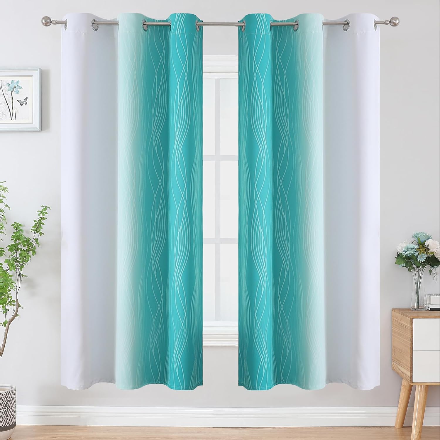 Estelartextiler Estelar Textiler Teal and Greyish White Ombre Blackout Curtains 72 Inches Length for Bedroom, Thermal Insulated Light Block…