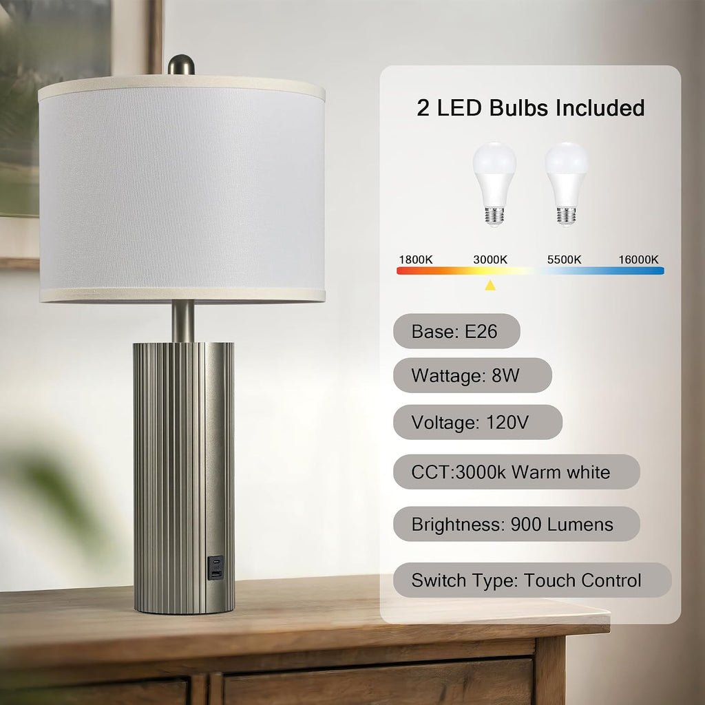 Table Lamps for Living Room Set of 2, 24.5" Modern Table Lamps for Bedroom with USB C+A Ports, Creative Stripe Touch Lamps for…