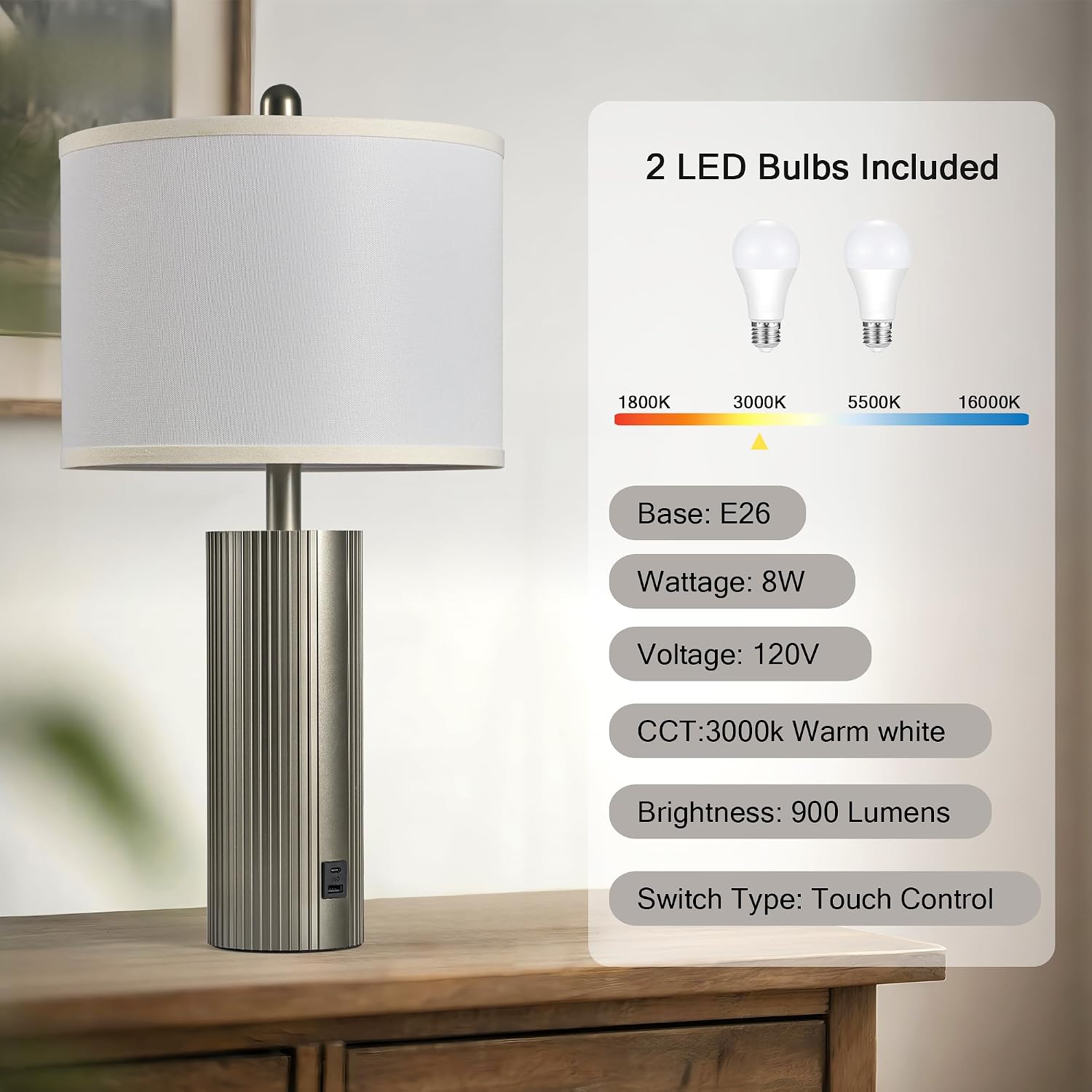 Table Lamps for Living Room Set of 2, 24.5" Modern Table Lamps for Bedroom with USB C+A Ports, Creative Stripe Touch Lamps for…