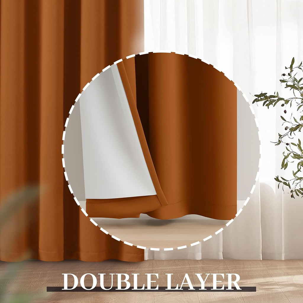 Yakamok Room Darkening 100% Blackout Curtains Grommet Window Treatments with 2 Thick Layers-Burnt Orange Thermal Insulated Drapes Set of 2…