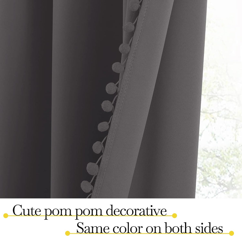 NICETOWN 2 Panels Blackout Curtains, Rod Pocket Pompoms Curtains 84 inches Length for Classroom, Thermal Insulated Cute Window Drapes for…