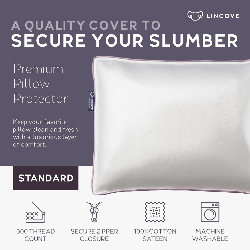 Lincove 100% Cotton Sateen Pillow Protector Cover - Zipper Pillow Cover - 500 Thread Count Luxury Cotton - Zippered Dust Pillow Protector…