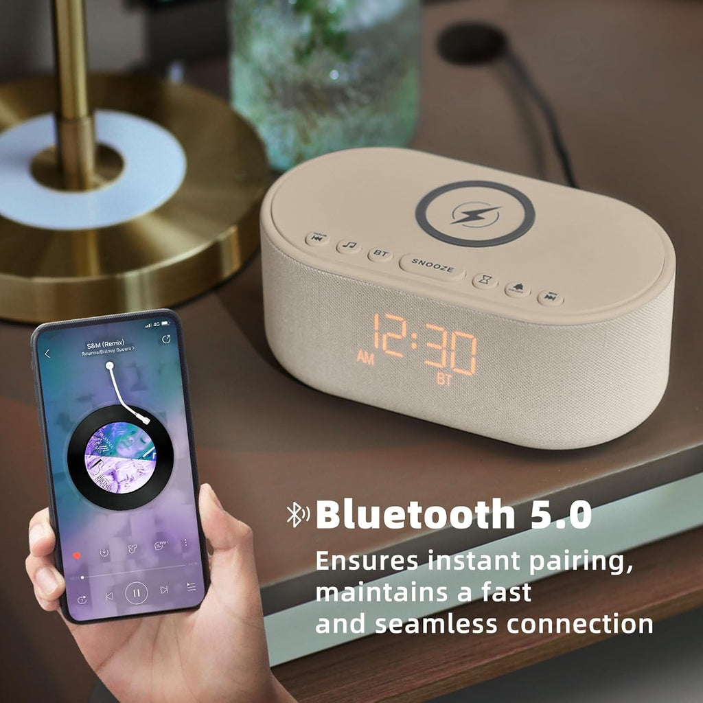 Odokee Sound Machine Alarm Clock for Bedrooms: Bluetooth 10W Stereo Sound Speaker with Wireless Charging - White Noise Machine for Sleeping…