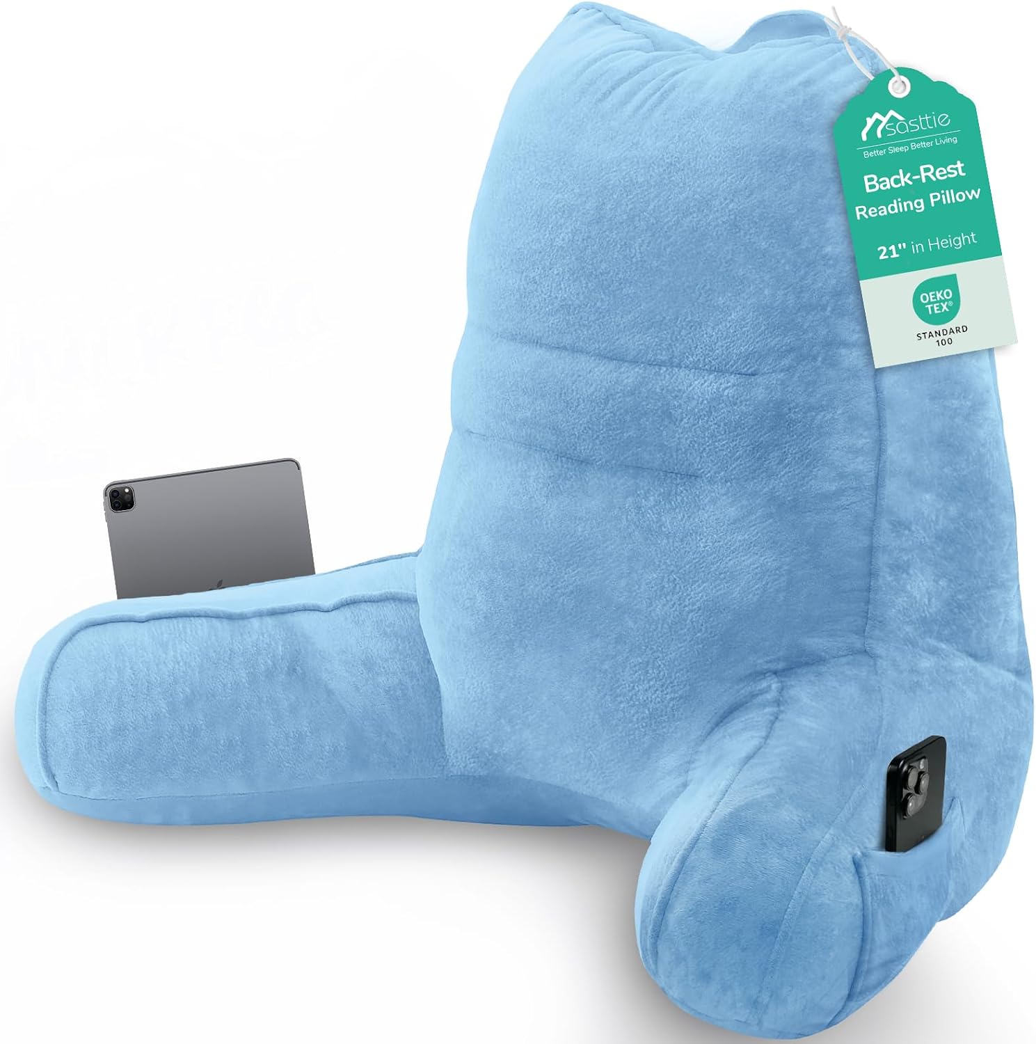 Sasttie Reading Pillow, Pillows for Reading or Relaxing – Ergonomic Support for Head, Neck, Back, and Lumbar, 21-Inch, Blue Blue