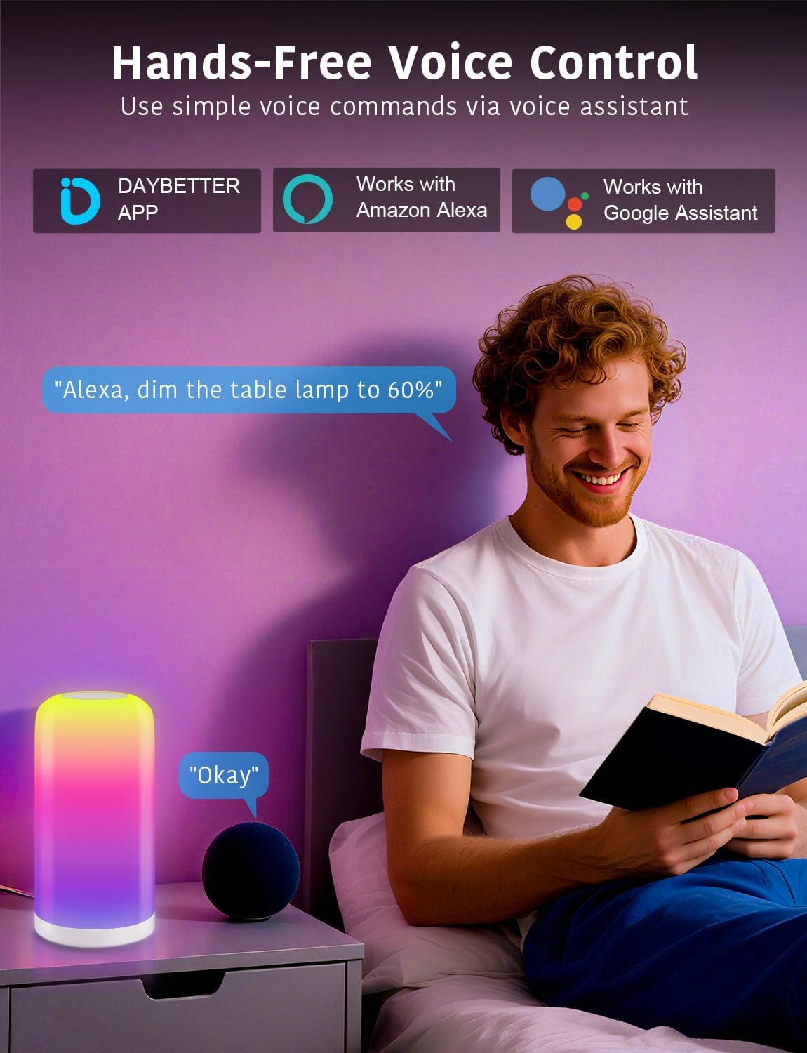 DAYBETTER BGRIC Smart Bedside Lamps, Touch Lamps for Nightstand, LED Lamp Compatible with Alexa and Google Home, Color Changing Lamp for…