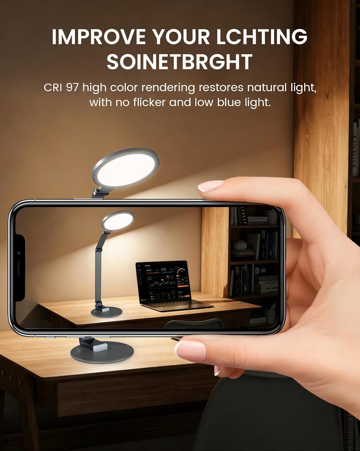Tefiohen LED Desk Lamp for Home Office, Eye-Caring Dimmable Table Lamp with Adjustable Metal Swing Arm, Soft Diffused Anti-Glare Light, Mem…