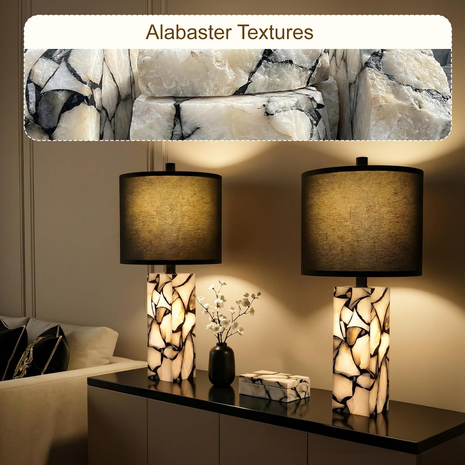 Scenekoy 23" Alabaster Table Lamps Set of 2 with Night Light for Living Room, Rotary Switch, Black Modern Table Lamp with Black Linen…