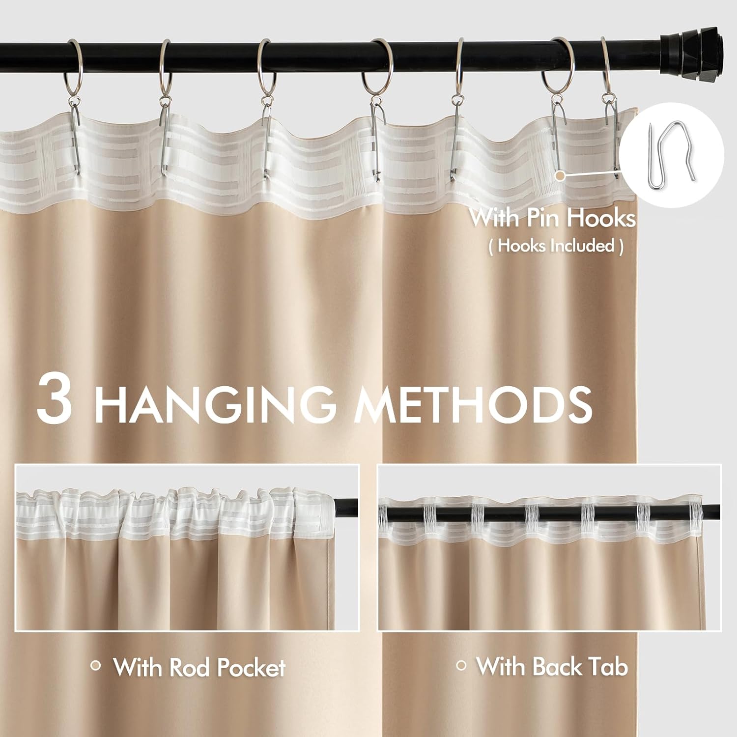 Miulee Beige Back Tab Blackout Curtains 63 Inch Length 2 Panels Set for Living Room Bedroom Privacy, Rod Pocket/Pinch Pleat Thermal Insulat…
