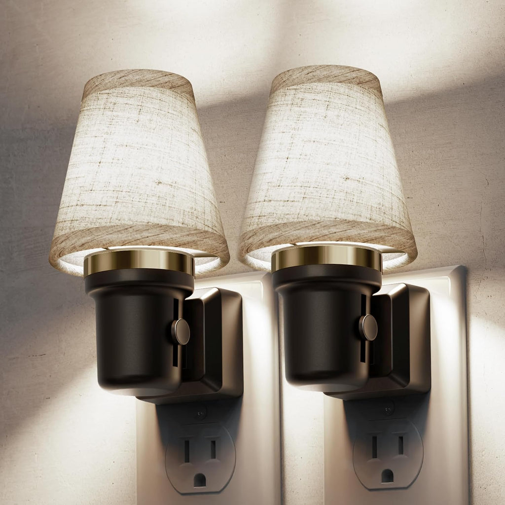 L LOHAS LED Night Lights Plug into Wall, 2 Pack Linen Fabric Round Platform Decor Night Light, Dusk to Dawn Sensor Vintage Nightlight…