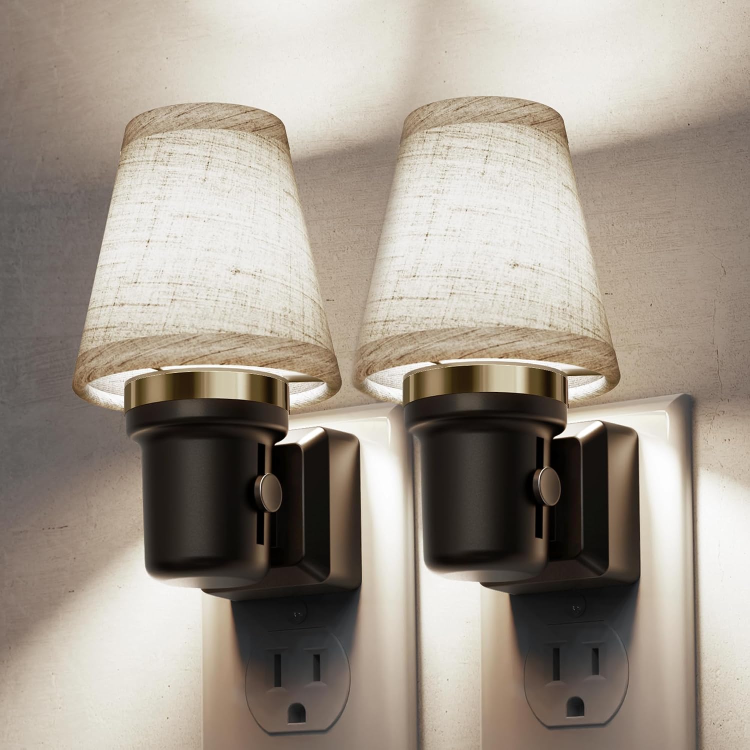 L LOHAS LED Night Lights Plug into Wall, 2 Pack Linen Fabric Round Platform Decor Night Light, Dusk to Dawn Sensor Vintage Nightlight…
