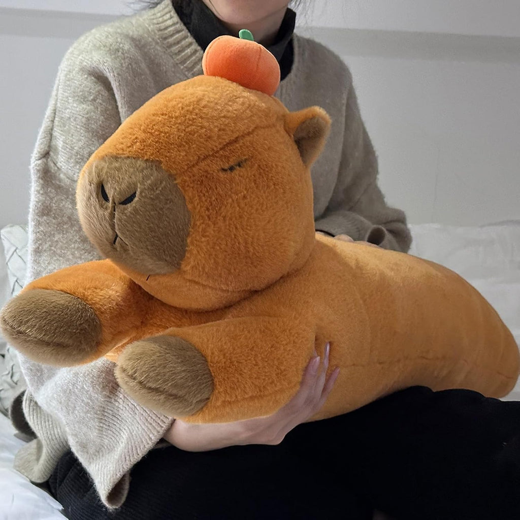 Capybara Plush Pillow, Capybara Stuffed Animal with Persimmon Plush, Capybara Plush Long Body Pillow (35 inch)