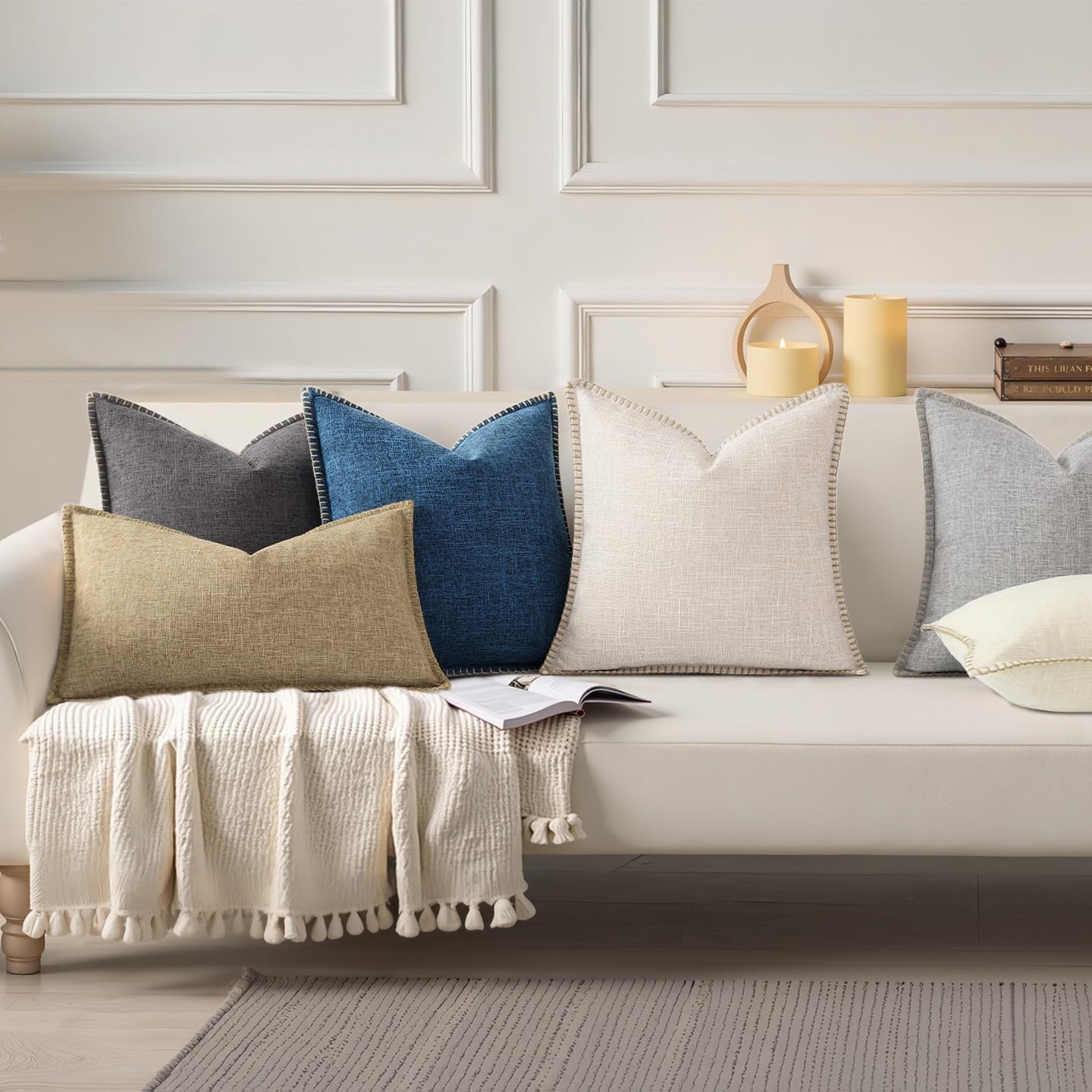 decorUhome Summer Decorative Throw Pillow Covers 12x20 Set of 2 Lumbar Faux Linen Outdoor Neutral Farmhouse Pillow Covers with Stitched…