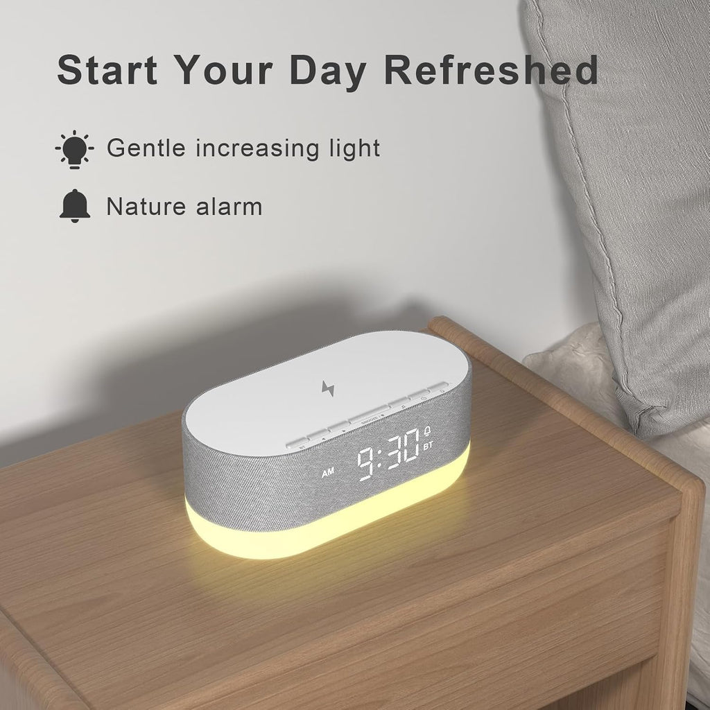 HOUSBAY 3 in 1 Sound Machine Alarm Clock& Wireless Charger: Soothing White Noise, Bluetooth Music Relaxation & Customized Sleep-Wake Routine