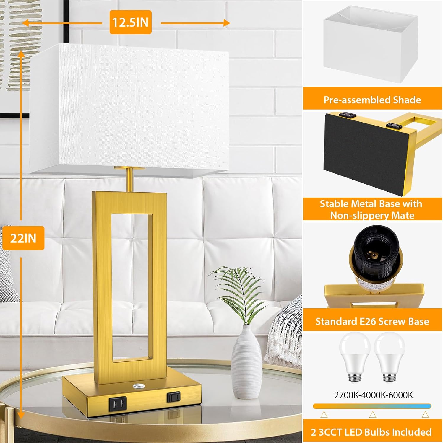 22’’ Touch Control Table Lamps Set of 2, 3 Color Temperatures Bedroom Bedside Lamps, Modern Gold Dimmable Lamps with USB Ports & AC…