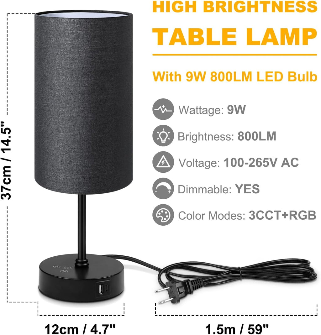Unicozin Table Lamp for Bedroom, 3 Color Temperatures, 7 RGB Colors, Adjustable Brightness, Dual USB Charging Ports, Ambience Nightstand…