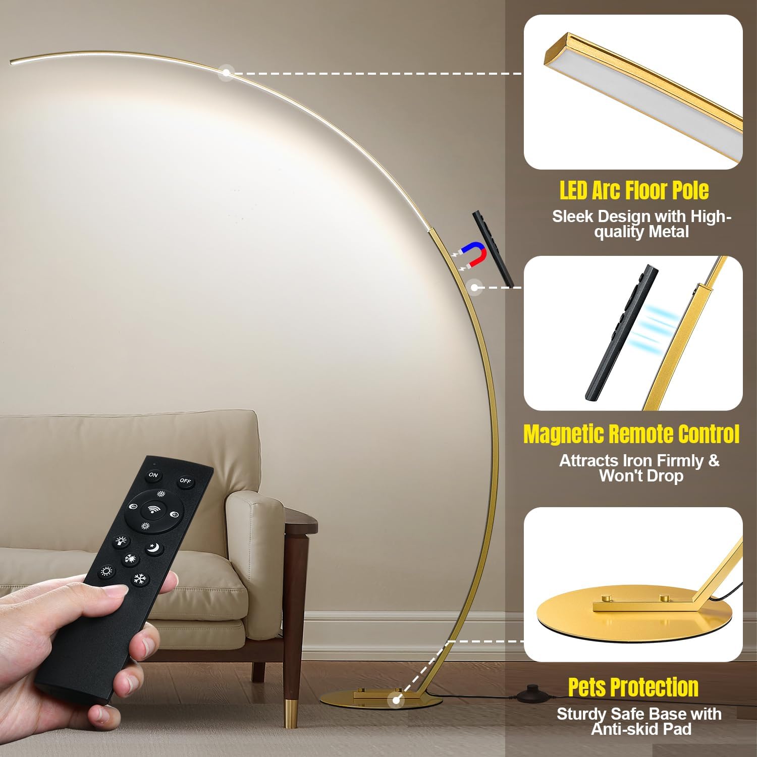 Dimmable LED Floor Lamp with 3 Color Temperatures, Ultra Bright 2000LM Gold Arc Floor Lamp, Modern Standing Tall Lamp with Remote Control…