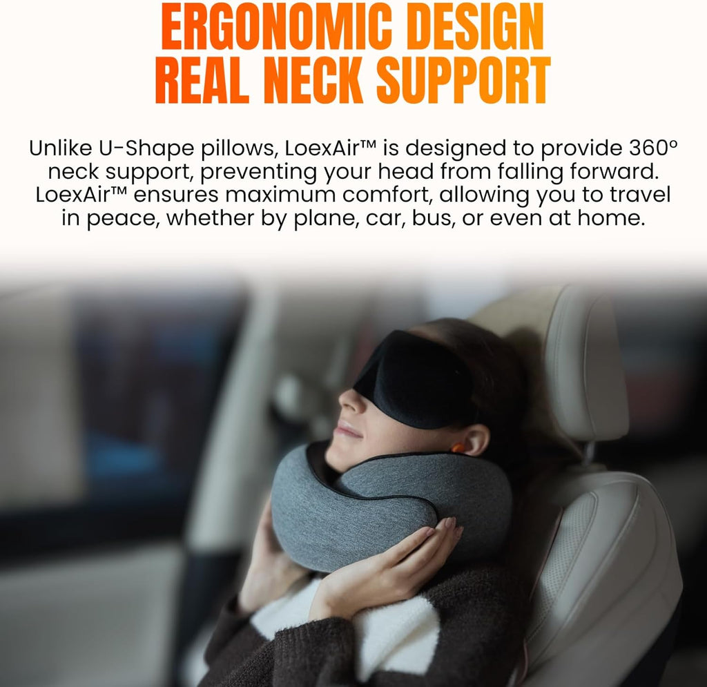 LOEXAIRTM Hooded Pro Travel Pillow - Memory Foam Neck Support Pillow for Airplane, Flight - Super-Soft Pure Cotton Fabric, Maximum Privacy…