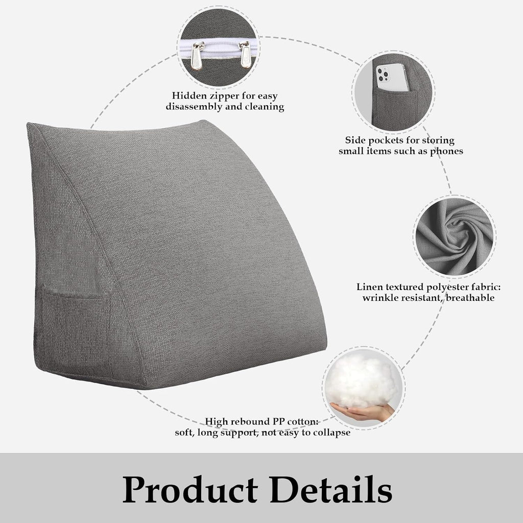 Wedge Headboard Pillow Reading Pillows for Sitting in Bed Adult Backrest Cushion with Removable Cover Side Pockets Sofa Grey Polyester