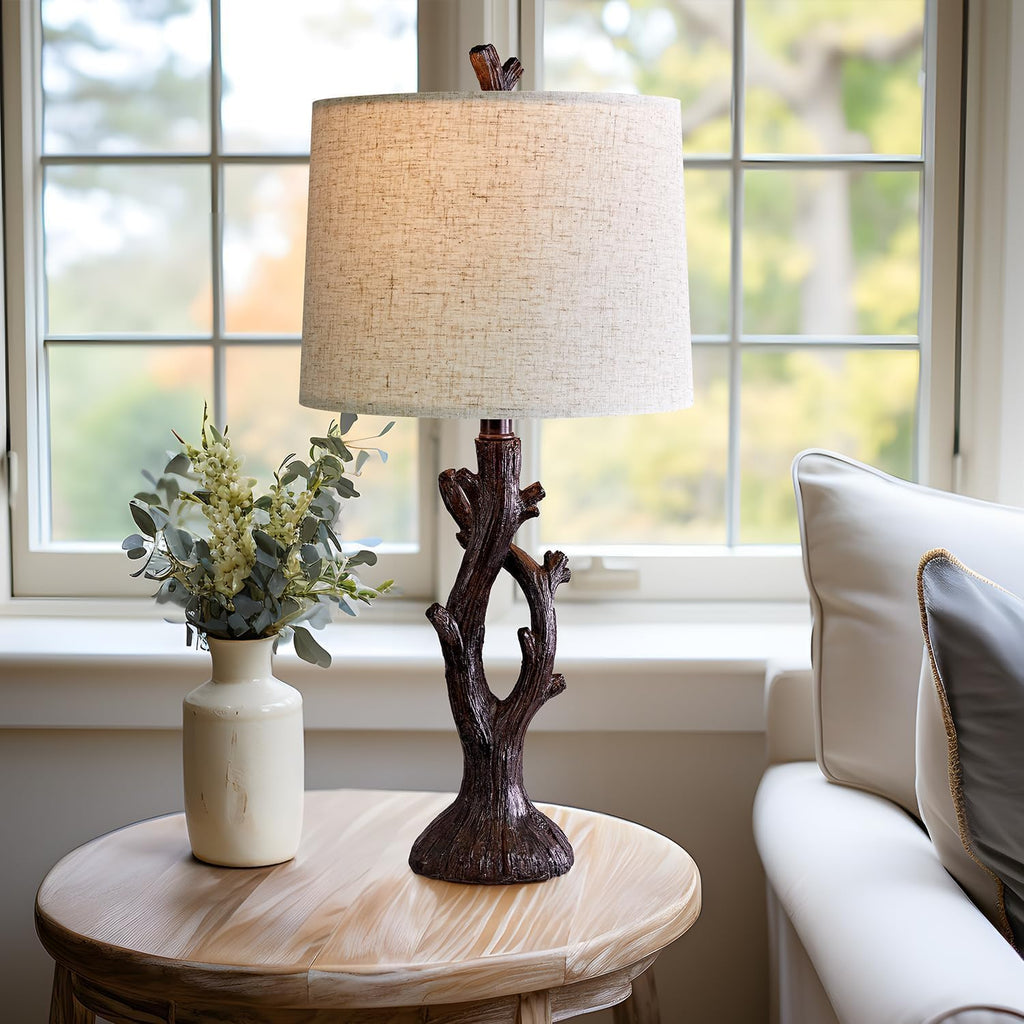 OYEARS 25" Farmhouse Table Lamp Set of 2 for Living Room Bedroom Resin Bedside Tree Lamp Nightstand End Table Lamps Vintage Natural Style