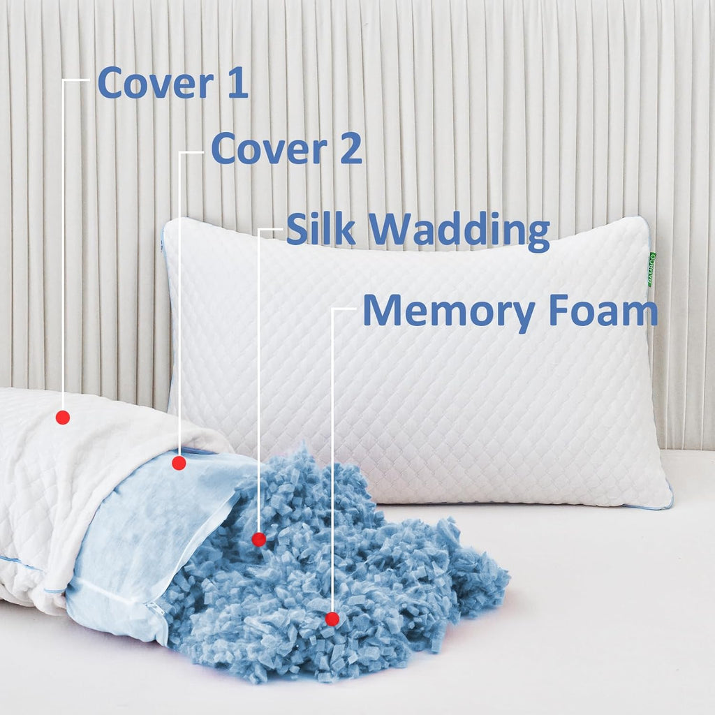 Friendriver Shredded Memory Foam Pillows for Sleeping 2 Pack - Cooling Bed Pillows Standard Size Set of 2 - Firm Pillow for Side and Back S…