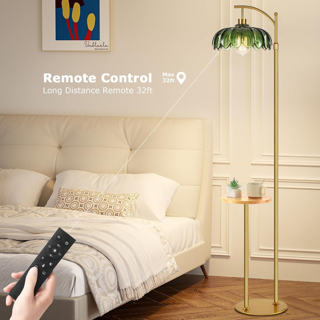 QIYIZM Glass Floor Lamp with Table and Shelves for Living Room Bedroom, Gold Standing Lamp with Remote Dimmable, Boho Brass Tall Lamp…
