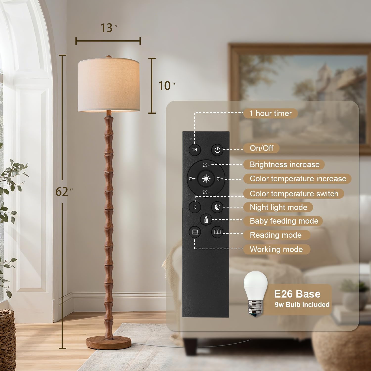 BOBOMOMO 62" Rustic Farmhouse Floor Lamp with Remote & Dimmable 9W Bulb, 3 Color Temperatures Tall Resin Standing Lamp, Retro Floor Lamp…