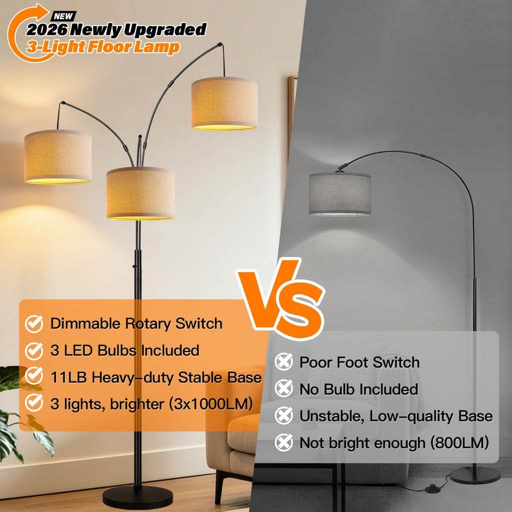 Dimmable 3 Lights Floor Lamp - 3000LM Super Bright Arc Floor Lamps for Living Room, Modern Tall Standing Lamp With Beige Shades, Mid…