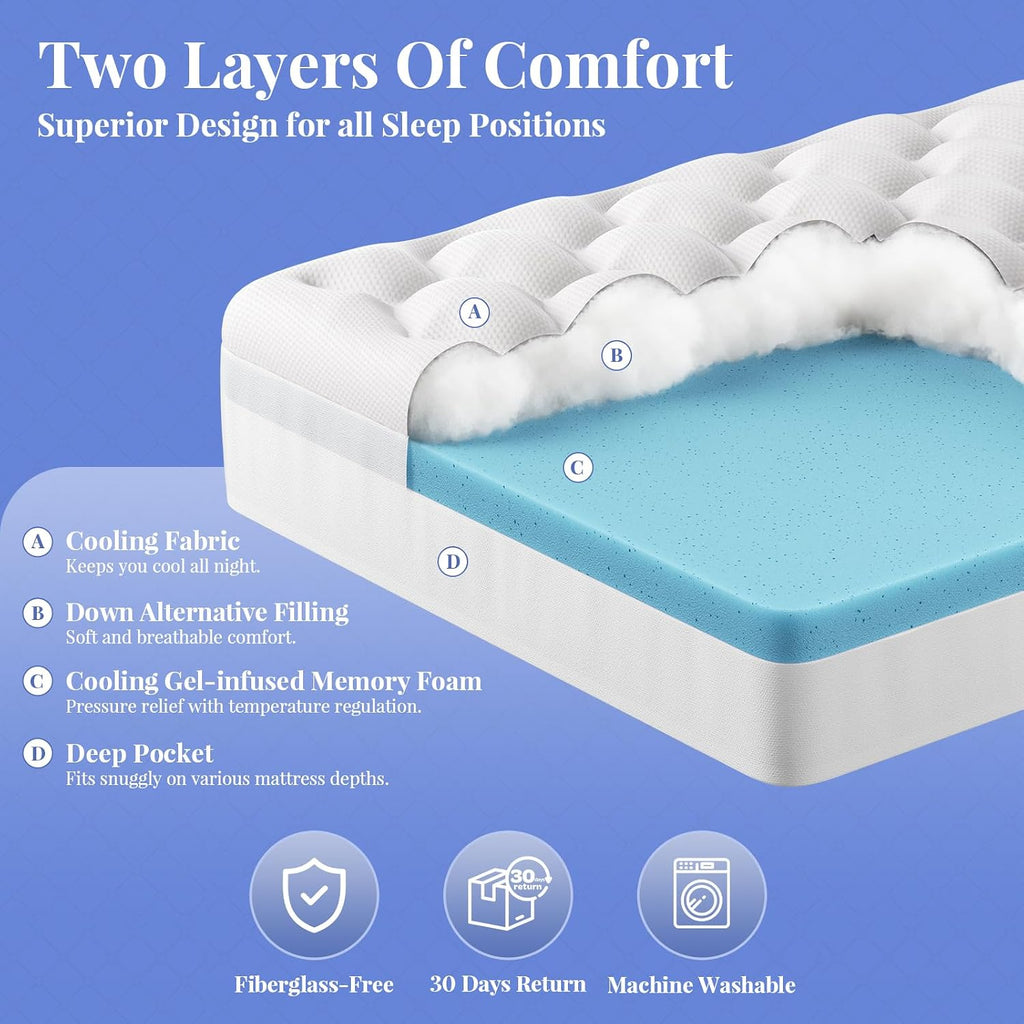 OhGeni Cooling 4 inch Dual Layer Twin XL Mattress Topper 2 Pack for College Dorm Room Essentials, 2 inch Gel Memory Foam, 2 inch Down…