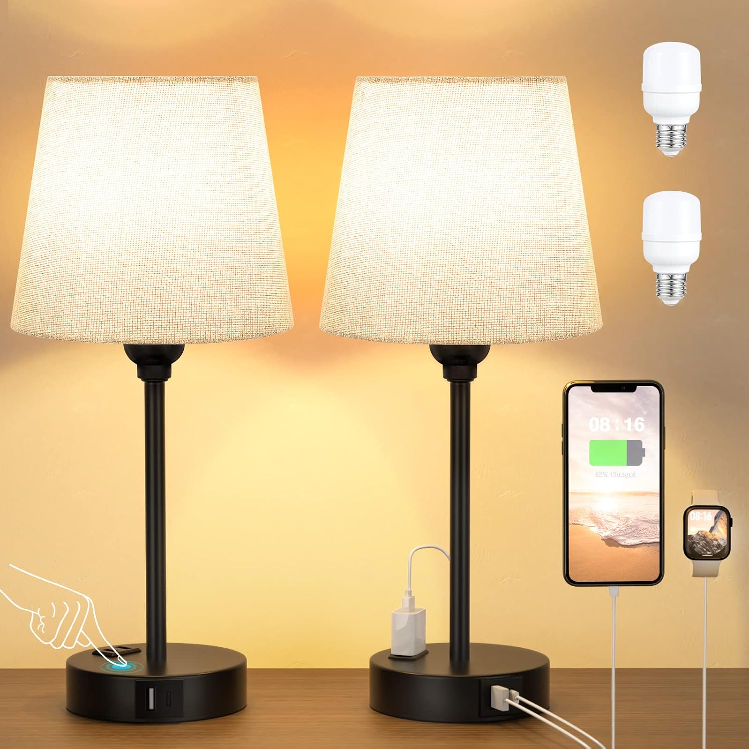 Grey Bedside Lamps for bedrooms Set of 2 - Nightstand Bedroom Lamp with USB C Port and AC Outlet Charging, 3 Way Dimmable Touch Control…