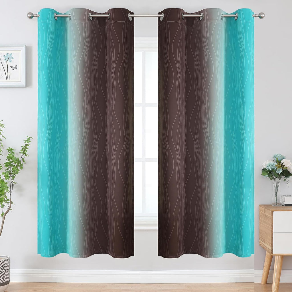 Estelartextiler Estelar Textiler Brown and Teal Ombre Blackout Curtains 72 Inches Length for Bedroom, Thermal Insulated Light Blocking Grom…