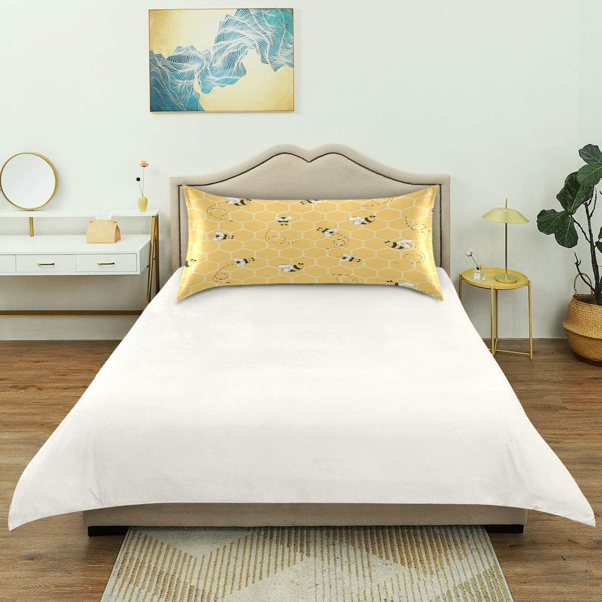 Satin Pillowcase for Hair and Skin Silkly Decorative Pillow Sham with Envelope Closure Pillow Cover (20x30in, Yellow Honeycomb Bee)