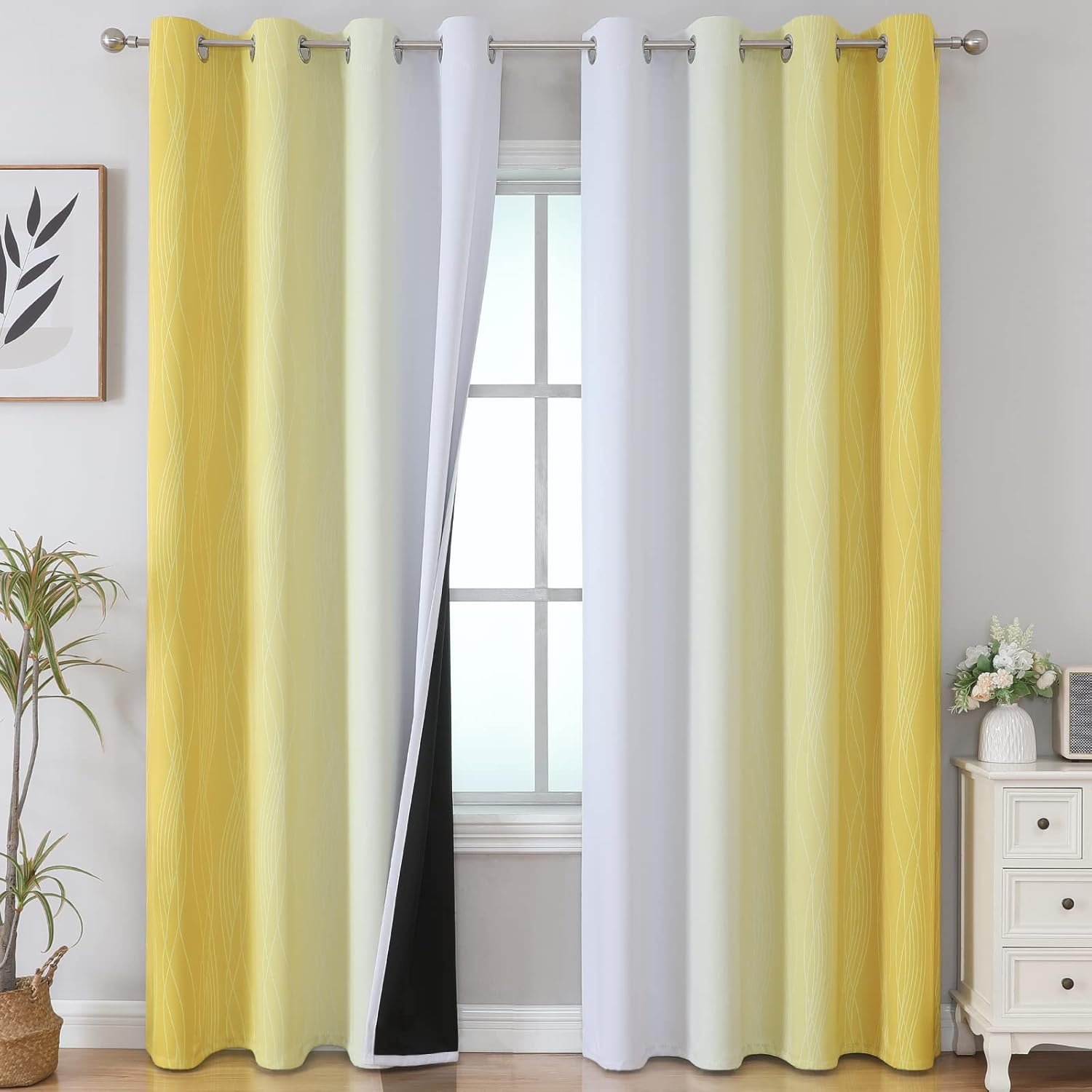 Estelartextiler Estelar Textiler Yellow and Greyish White Gradient Blackout Curtains, Thermal Insulated Ombre Blackout Drapes for Bedroom,…