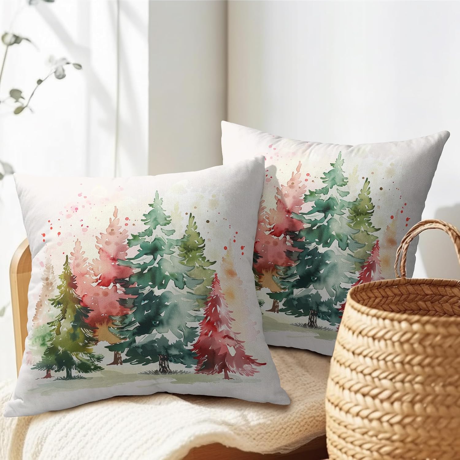 Granbey Christmas Tree Outdoor Throw Pillow Cover 16x16 Inch Set of 2 Winter Colorful Pine Tree Cushion Covers Xmas Holiday Theme Accent Pi…