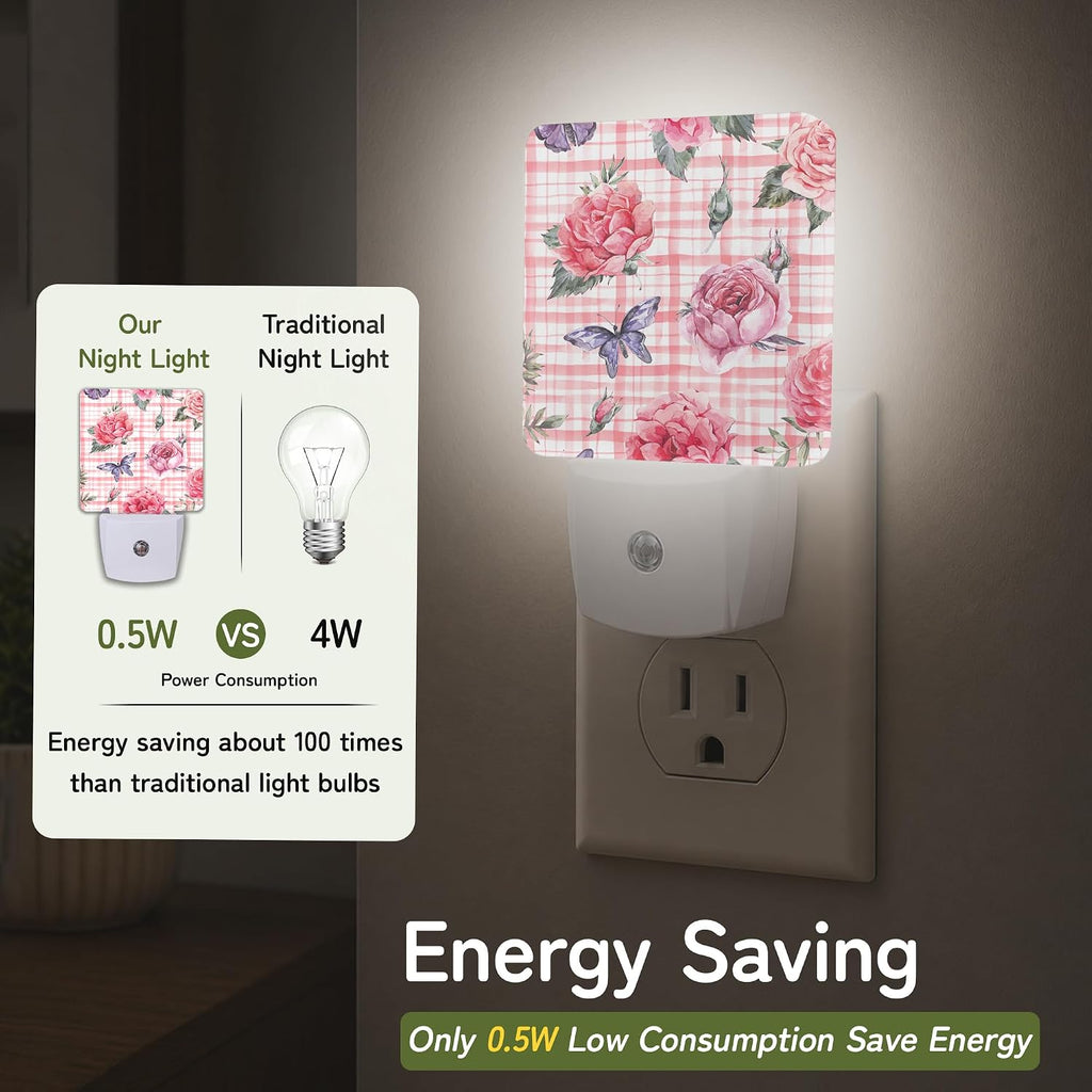 Pink Floral Gingham Night Lights Plug into Wall, Night Light for Bedroom Bathroom Hallway Kitchen, Auto Dusk to Dawn Sensor Decorative…