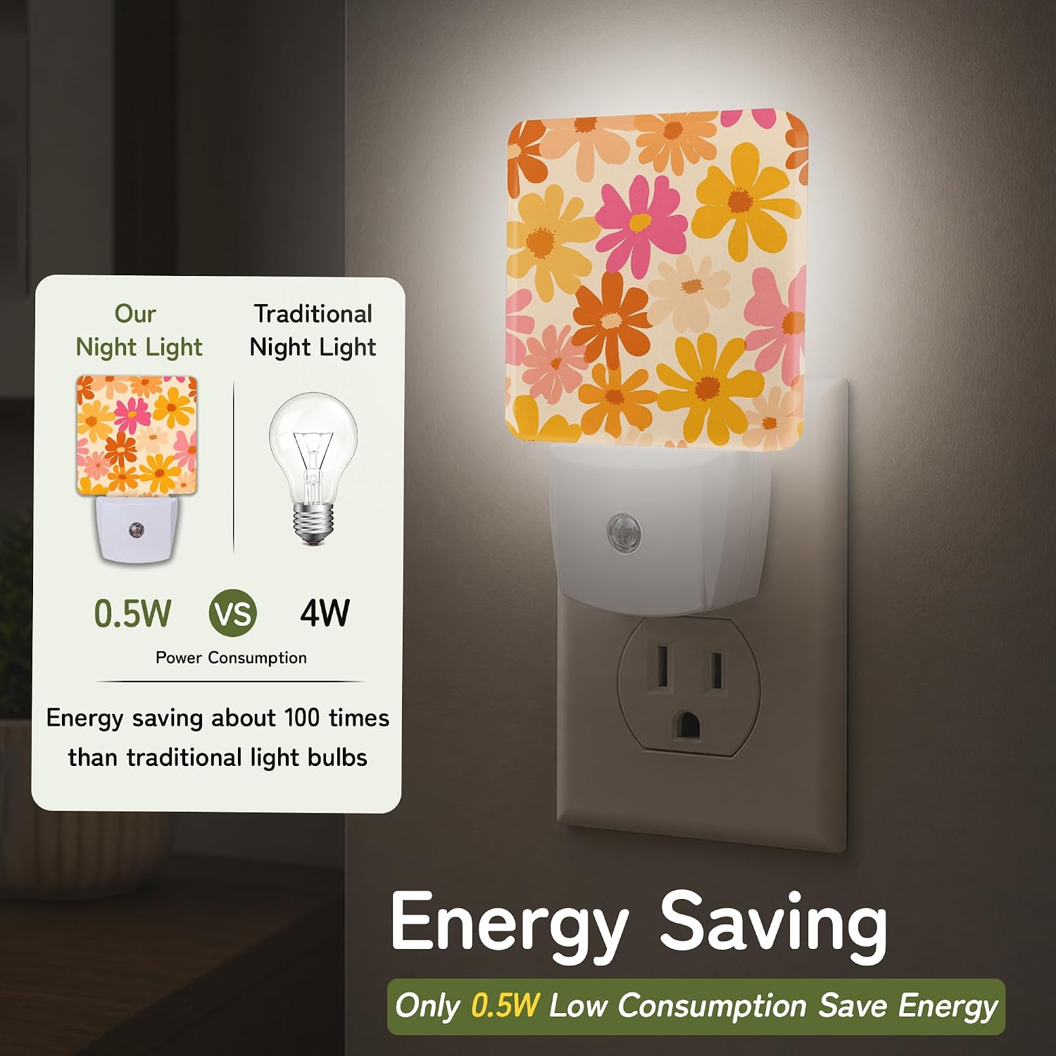 Retro Daisy Floral Night Light, Night Lights Plug into Wall with Dusk to Dawn Sensor for Bedroom Bathroom Hallway Kitchen, Decorative…